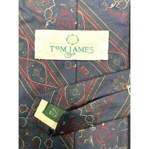 Vtg 80s 90s Tom James Silk Neck Tie Blue Red Floral Wall Art Designer Corpcore